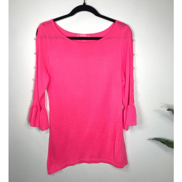Lilly Pulitzer Rosemary Sweater Hot Pink Tropics Pearls M Preppy Resortwear - Picture 1 of 9